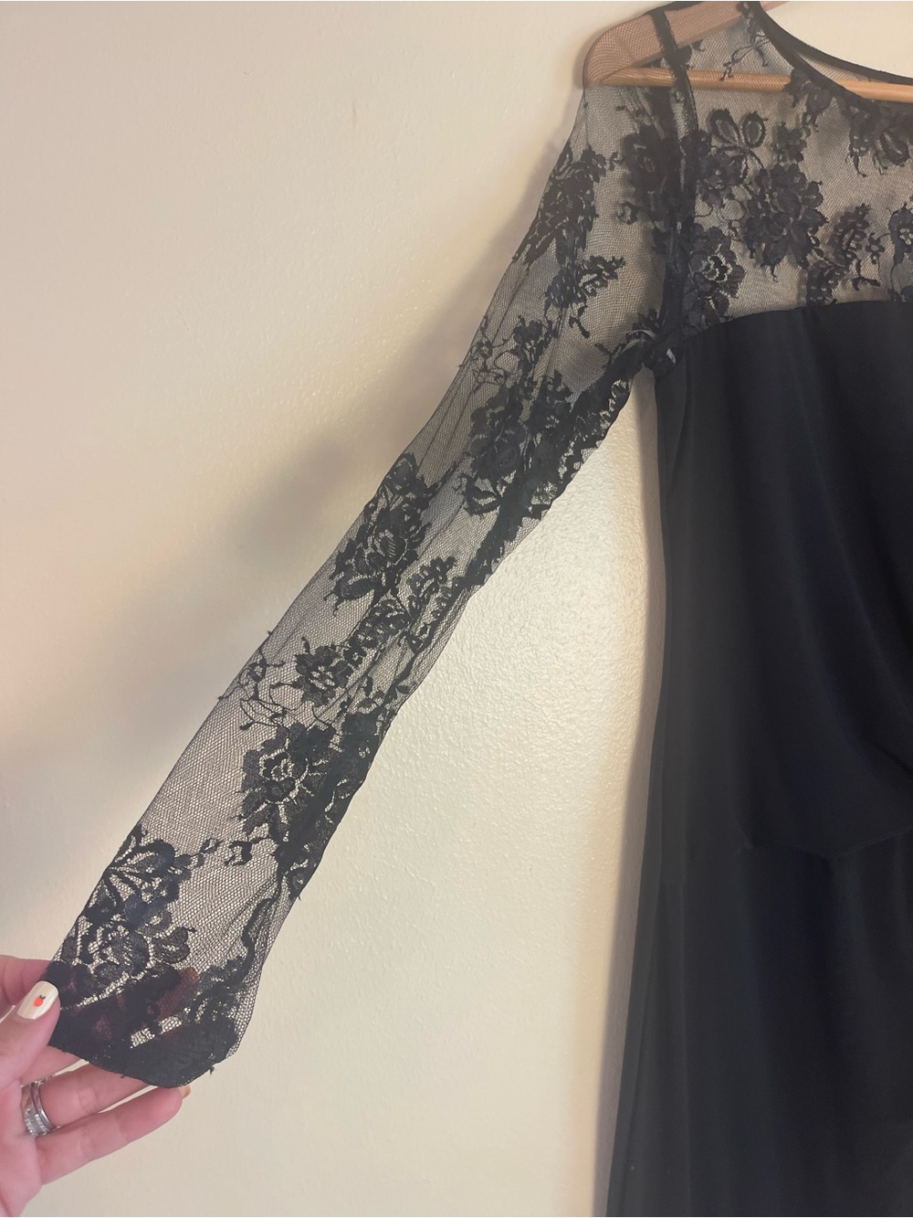 Black Sheer Floral Lace Faux Wrap Dress 8 Ruched Stretchy Cocktail Party Formal - Picture 11 of 16